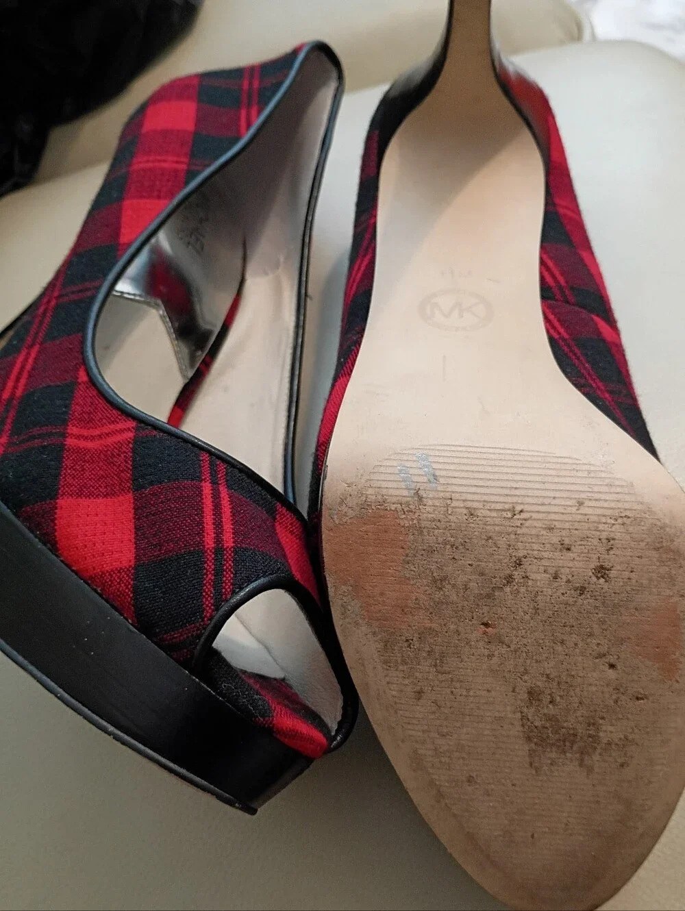 Michael Kors Red and Black Plaid Peep-Toe Heels